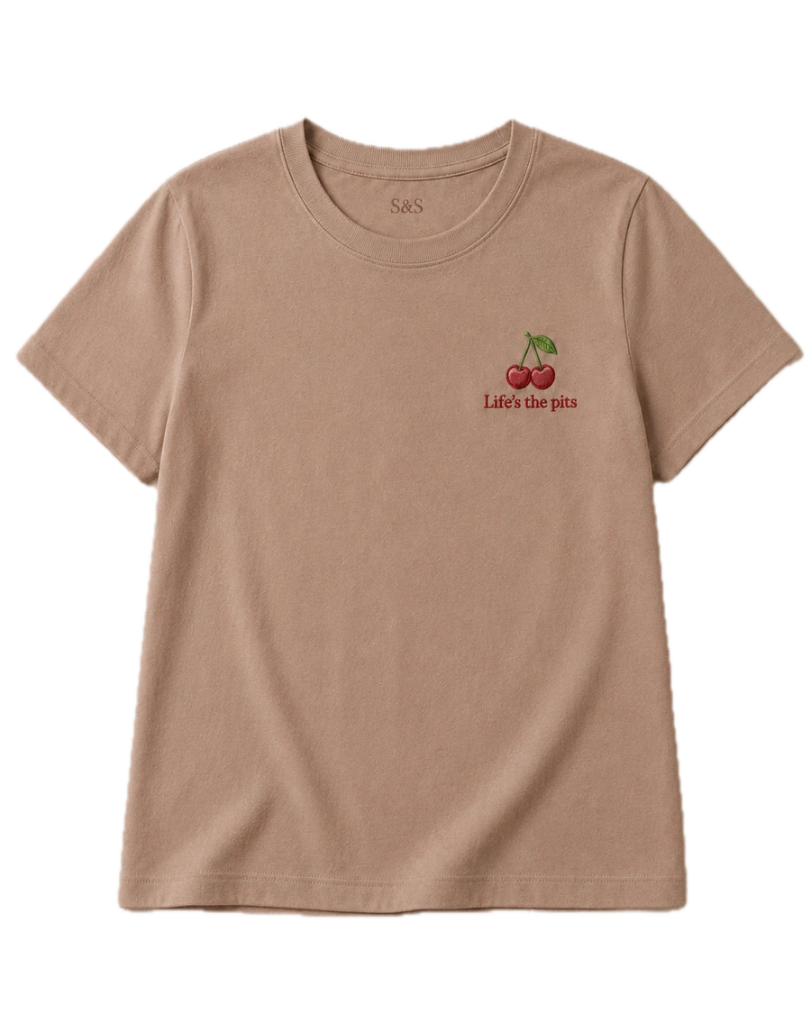 Life’s the Pits Cherry T-Shirt in soft brown